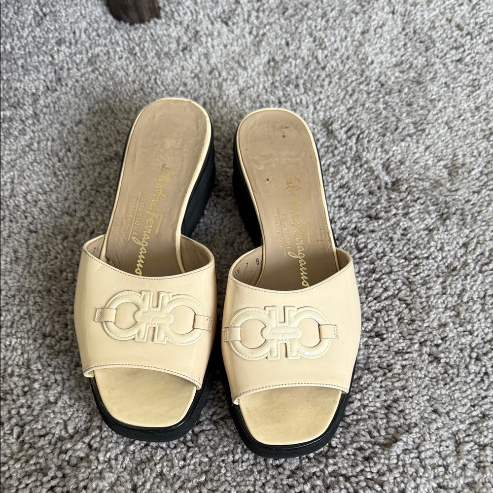Salvatore Ferragamo Beige and Black Mules